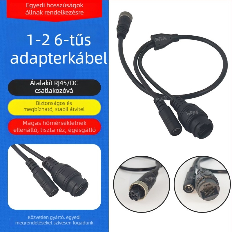 1–to–2 osztású kábel, 6-vezetékes, RJ45 és DC csatlakozóval, autókamerás megfigyeléshez