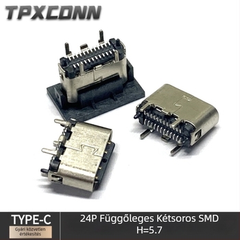 Type-C 24‑pontos függőleges PCB foglalat, ultrarövid, magasság 5,7 mm, tűhossz 1,3 mm, függőleges USB interfész
