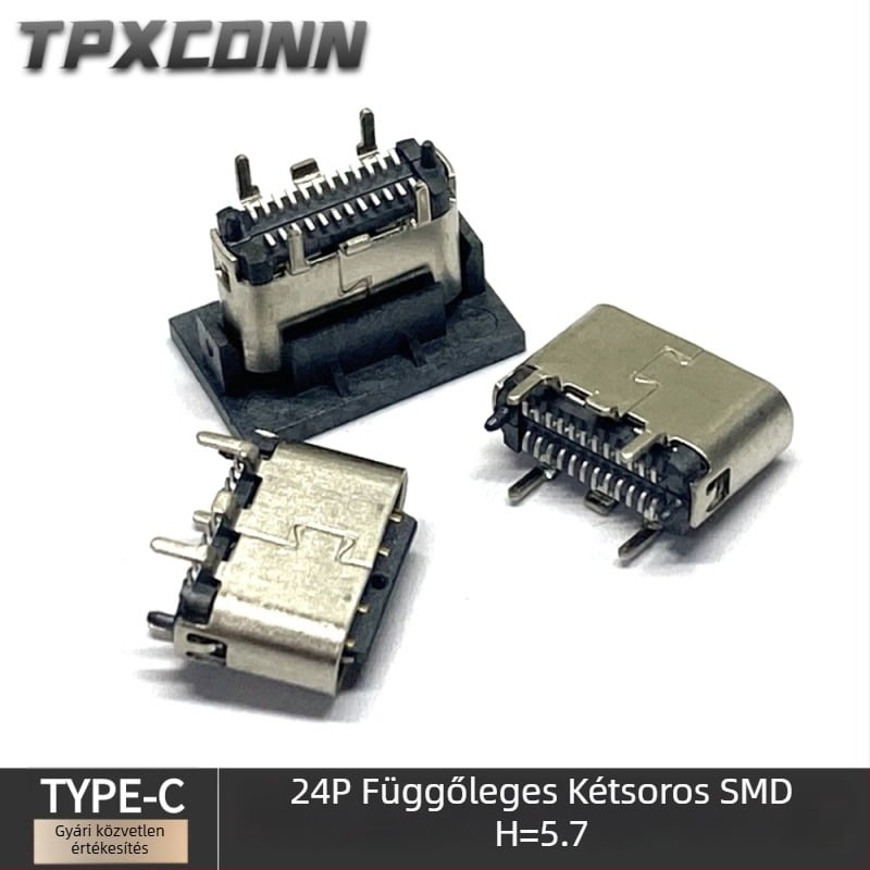 Type-C 24‑pontos függőleges PCB foglalat, ultrarövid, magasság 5,7 mm, tűhossz 1,3 mm, függőleges USB interfész