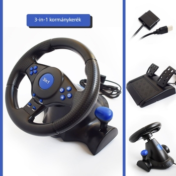 3-in-1 versenyvolán pedálokkal és rezgéssel, USB/PS2 csatlakozás, kompatibil PC/PS2/PS3