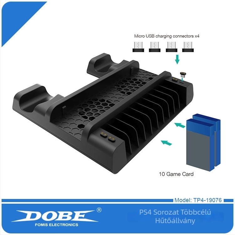PS4/SLIM/PRO Többfunkciós hűtőalap USB-s töltéssel kontrollerekhez, LED világítás és tároló polc - ABS