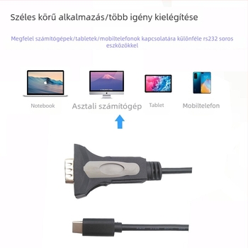 Type-C→DB9 RS232 soros kábel, USB-C adapter, RS232 protokoll, csupasz rézmag, PVC izoláció