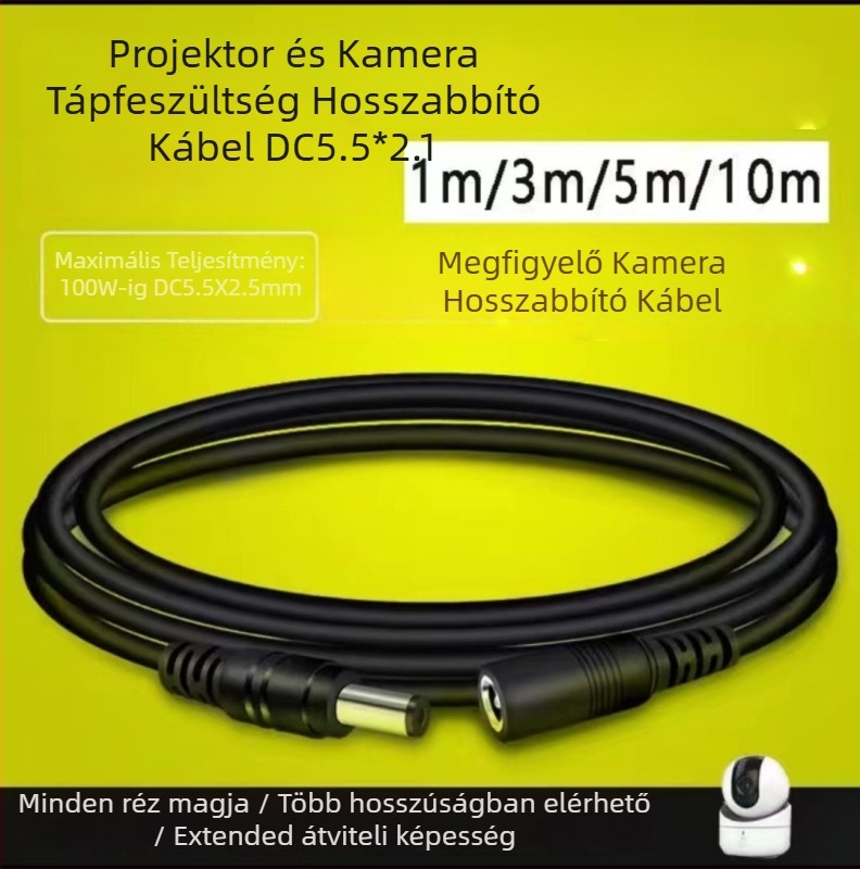 DC5521 körös csatlakozós tápegység hosszabbító kábel biztonsági kamerákhoz – kompatibilis Hikvision EzViz TP-Link Dahua – hosszúságok: 1m, 3m, 5m, 10m