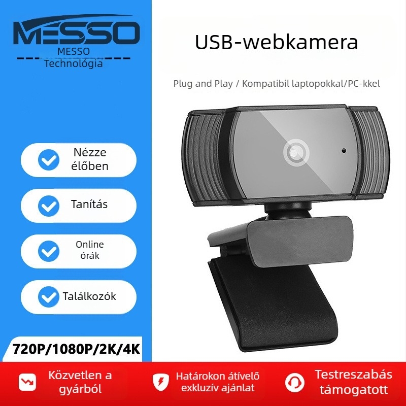 Számítógéphez webkamera, 1080P/2K/4K felbontás, USB 2.0, fix fókusz, beépített mikrofon, illesztőprogram nélkül