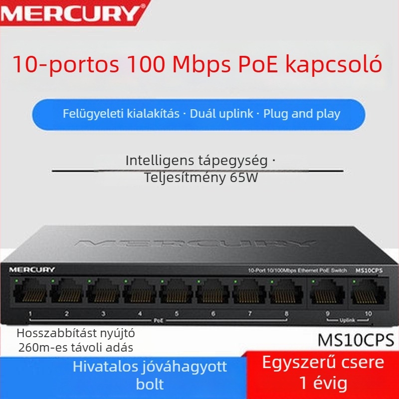 Mercury MSG10CPS 10-portos PoE kapcsoló, 100 Mbps Fast Ethernet, 65W PoE tápellátás, modell MS10CPS