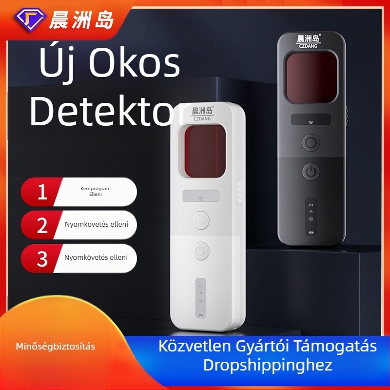 Vezeték nélküli anti-spy detektor kamerákhoz infravörös észleléssel — frekvenciasáv 10 MHz–5 GHz; hatótáv 5 cm–10 m; 12V; hang- és fényriasztás