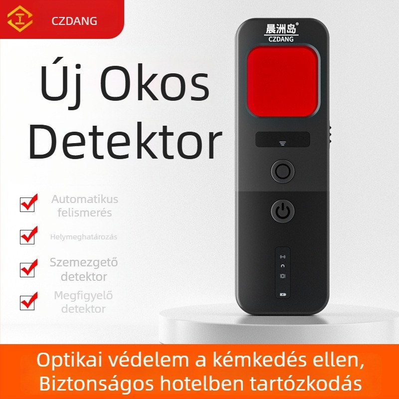 Vezeték nélküli anti-spy detektor kamerákhoz infravörös észleléssel — frekvenciasáv 10 MHz–5 GHz; hatótáv 5 cm–10 m; 12V; hang- és fényriasztás