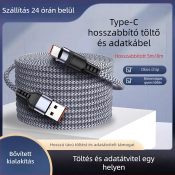 Type-C töltőkábel, szövött kivitel – gyors töltés; interfész: Type-C; egyfejű csatlakozó