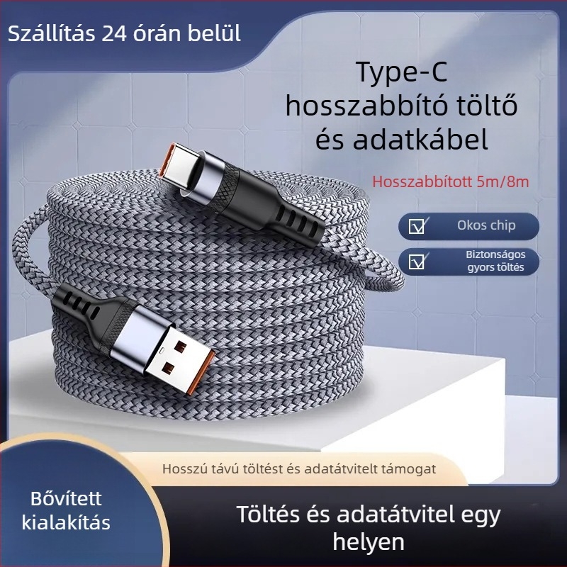 Type-C töltőkábel, szövött kivitel – gyors töltés; interfész: Type-C; egyfejű csatlakozó