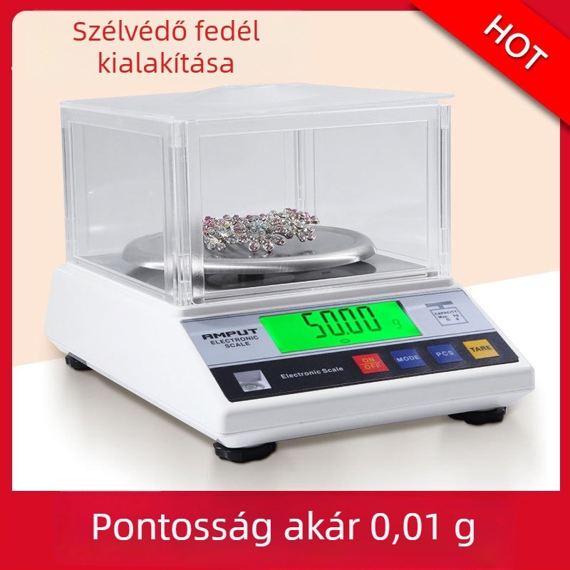 Asztali mérleg 0,01 g pontossággal ékszerek és laboratóriumi használatra, tartomány 300 g–2 kg