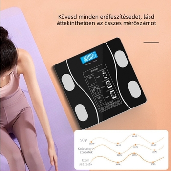 Felnőtteknek szóló testzsírmérleg, USB tápegység, 100 kg teherbírás, méri a testsúlyt, testzsírt és nedvességet