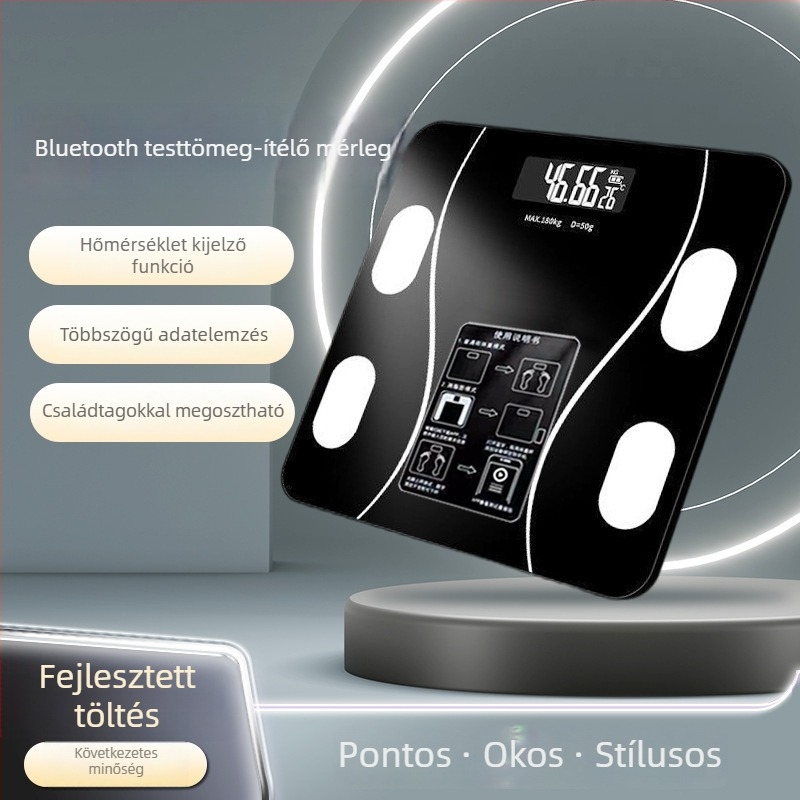 Felnőtteknek szóló testzsírmérleg, USB tápegység, 100 kg teherbírás, méri a testsúlyt, testzsírt és nedvességet