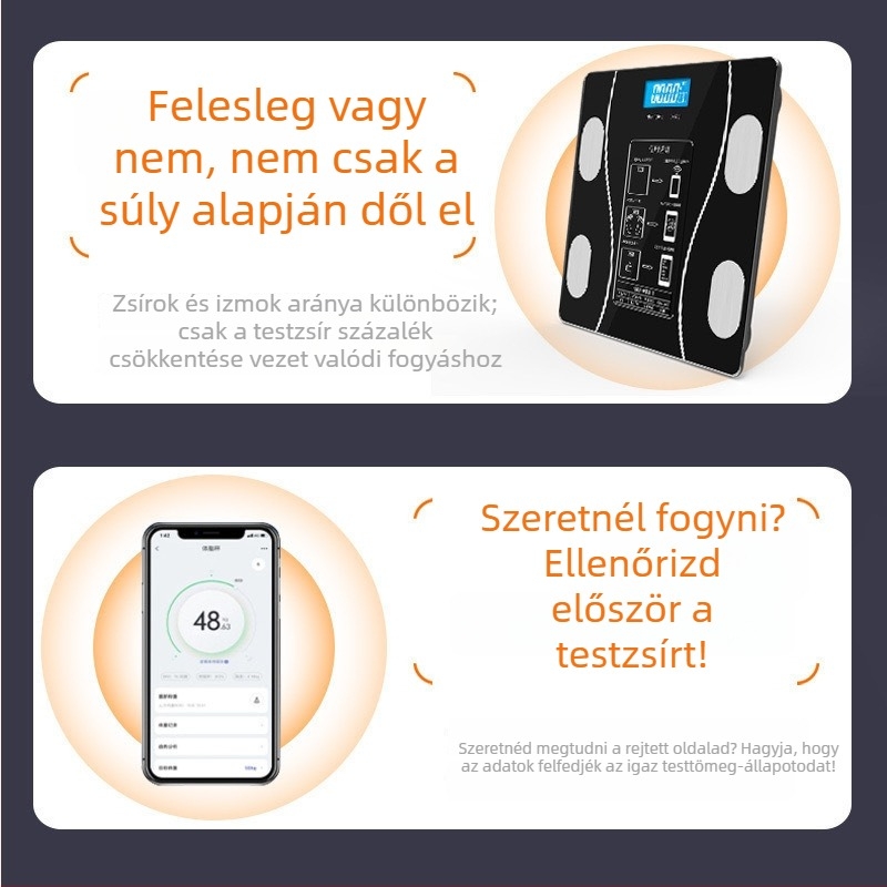 Felnőtteknek szóló testzsírmérleg, USB tápegység, 100 kg teherbírás, méri a testsúlyt, testzsírt és nedvességet