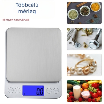 Mini, kiváló pontosságú elektronikus konyhai mérleg, hordozható sütéshez, modell CX-I2000, 3 kg kapacitás, méretek 12,7×10,6×1,7 cm, 2 AAA elemmel működik