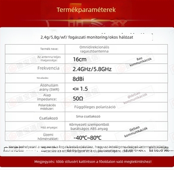 2.4/5.8 GHz-es dual-band WiFi router antenna, omnidirekcionális, hajtogatható, 8 dBi, SMA belső tüske, 50 Ω, SWR ≤1.5