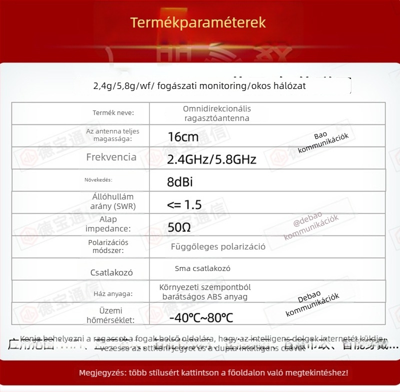 2.4/5.8 GHz-es dual-band WiFi router antenna, omnidirekcionális, hajtogatható, 8 dBi, SMA belső tüske, 50 Ω, SWR ≤1.5