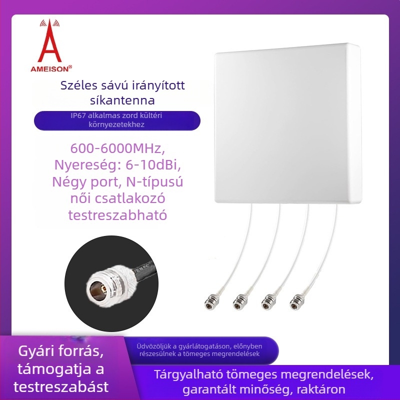 Négyportos irányított síkpanel antenna, 600–6000 MHz, 4G/5G támogatás, nagy nyereség, kültéri vízálló