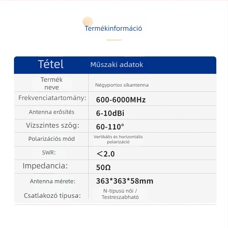 Négyportos irányított síkpanel antenna, 600–6000 MHz, 4G/5G támogatás, nagy nyereség, kültéri vízálló