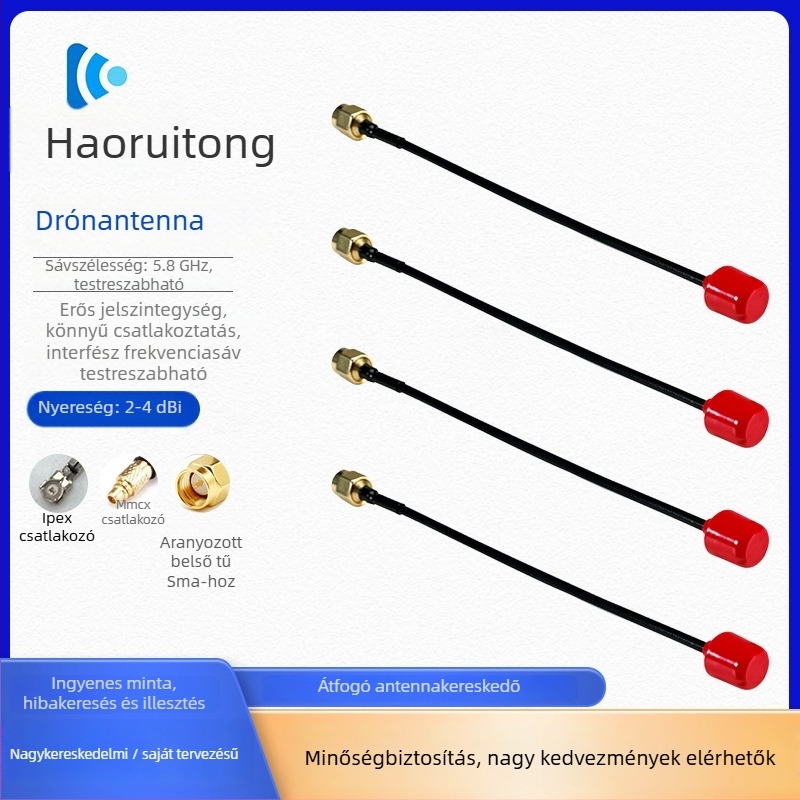 Hrt056 5,8 GHz Mini Lollipop drón antenna, nyereség 2–4 dBi, frekvenciasáv 1,2/2,4/5,8 GHz, impedancia 50 Ω, VSWR ≤ 2.0