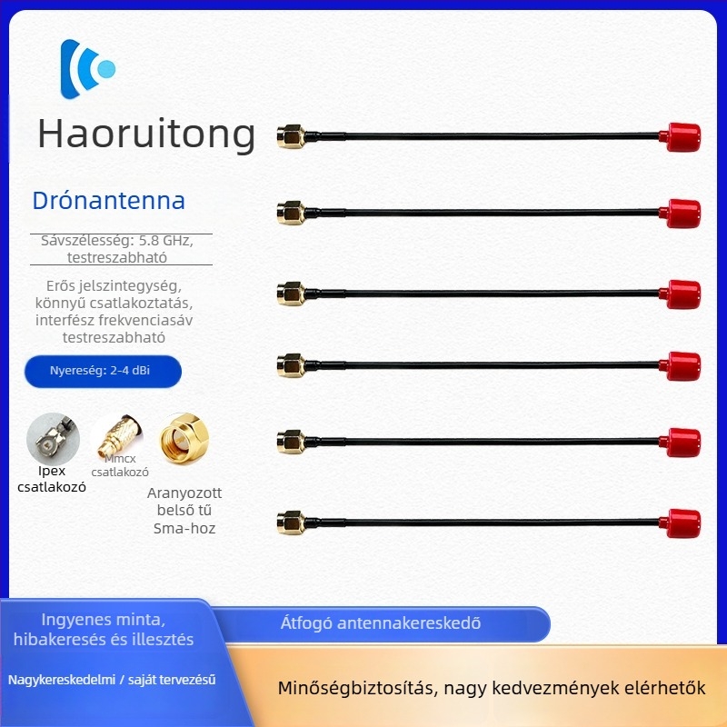 Hrt056 5,8 GHz Mini Lollipop drón antenna, nyereség 2–4 dBi, frekvenciasáv 1,2/2,4/5,8 GHz, impedancia 50 Ω, VSWR ≤ 2.0