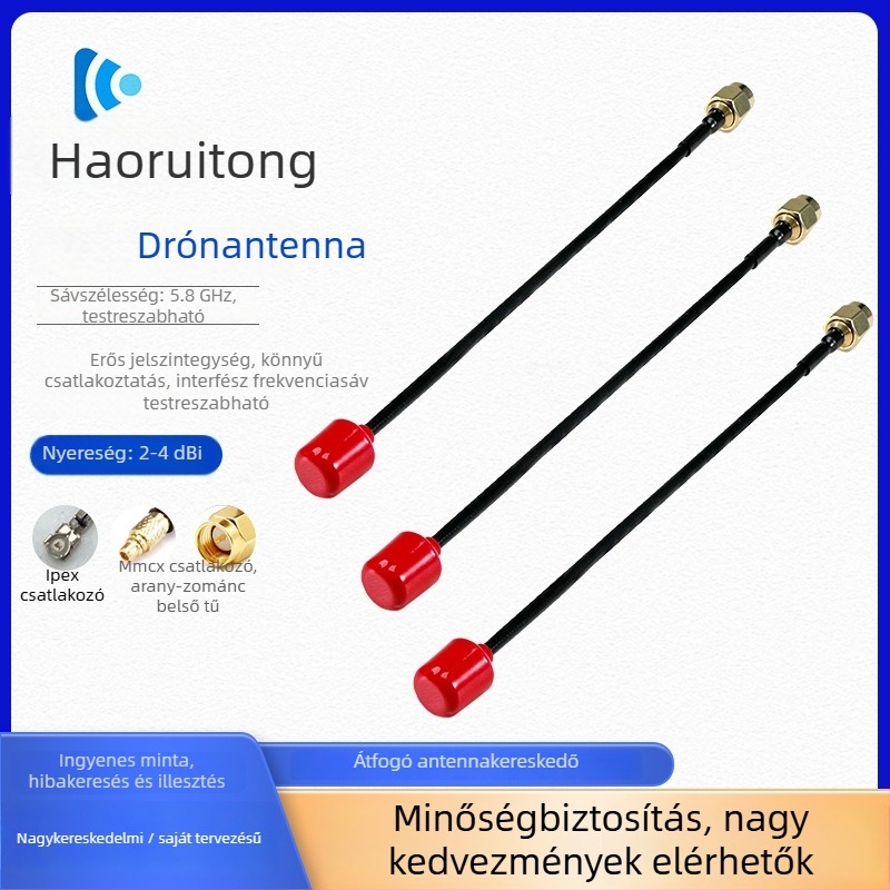 Hrt056 5,8 GHz Mini Lollipop drón antenna, nyereség 2–4 dBi, frekvenciasáv 1,2/2,4/5,8 GHz, impedancia 50 Ω, VSWR ≤ 2.0