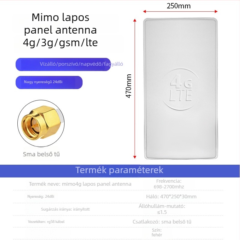 Irányított MIMO kültéri vízálló panel antenna – 24 dBi nyereség, 50 Ω impedancia, SWR ≤ 1.5