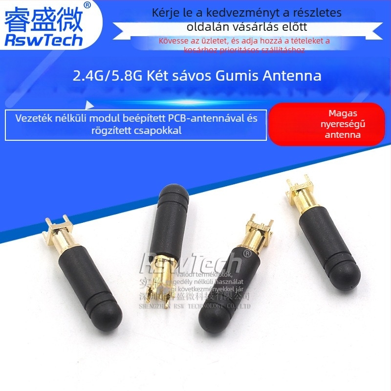 2.4G/5.8G két-sávos antenna, külső SMA csatlakozóval, 50 Ω, SWR ≤ 1.2, frekvenciasáv 2.4–5.8 GHz