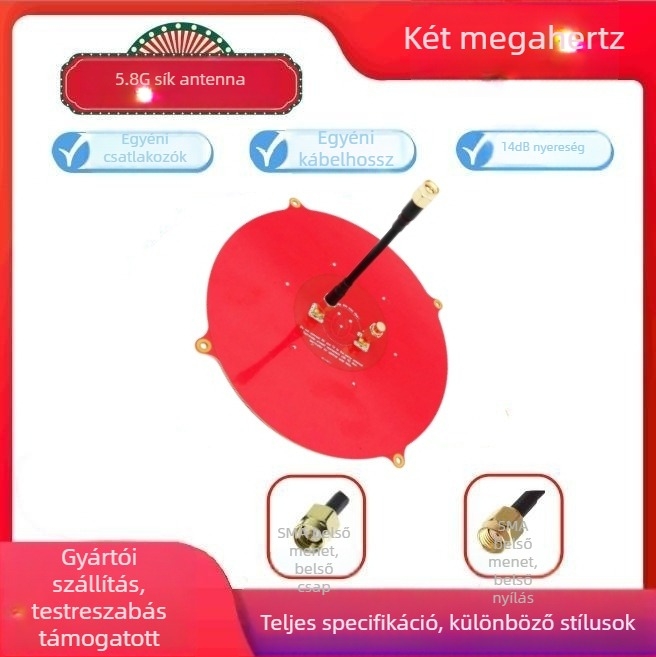 5,8 GHz síkpaneles videóátviteli antenna 14 dBi nyereséggel FPV szemüveghez — 50 Ω impedancia, SWR ≤ 1.5