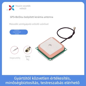 YX-GPS + BD kerámia antenna – GPS BeiDou kettős módú aktív antenna beépített kerámia antenna, 28 dB nyereség, 1575 MHz, 50 Ω, SWR ≤ 1.5, 3–5 V