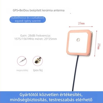 YX-GPS + BD kerámia antenna – GPS BeiDou kettős módú aktív antenna beépített kerámia antenna, 28 dB nyereség, 1575 MHz, 50 Ω, SWR ≤ 1.5, 3–5 V