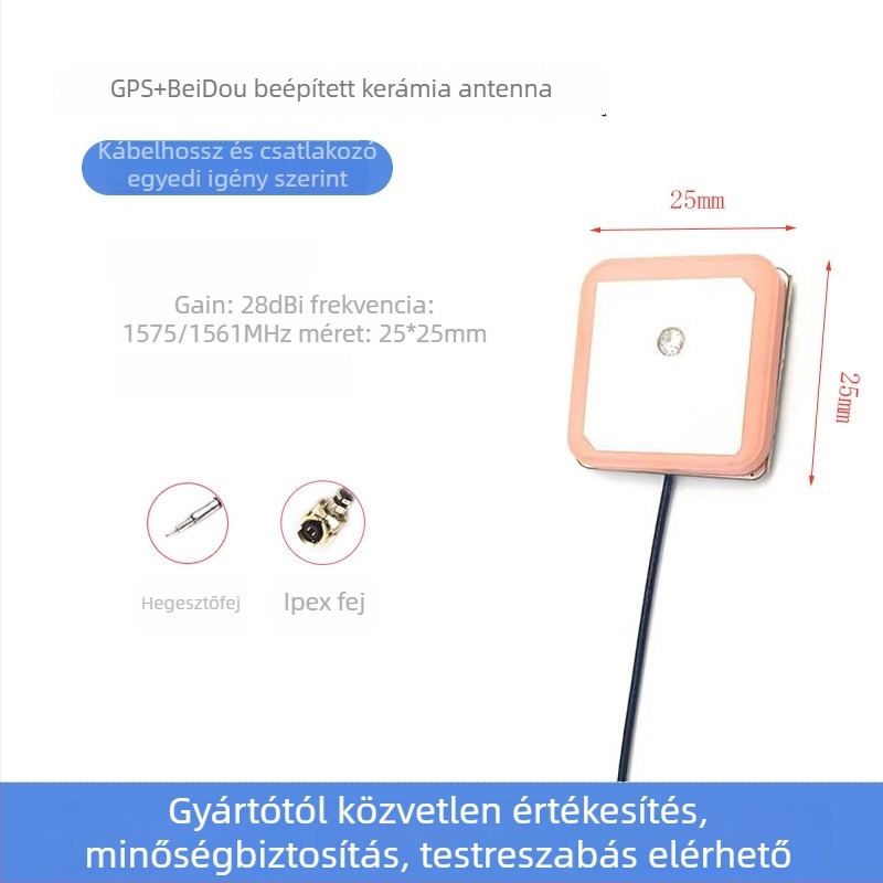 YX-GPS + BD kerámia antenna – GPS BeiDou kettős módú aktív antenna beépített kerámia antenna, 28 dB nyereség, 1575 MHz, 50 Ω, SWR ≤ 1.5, 3–5 V