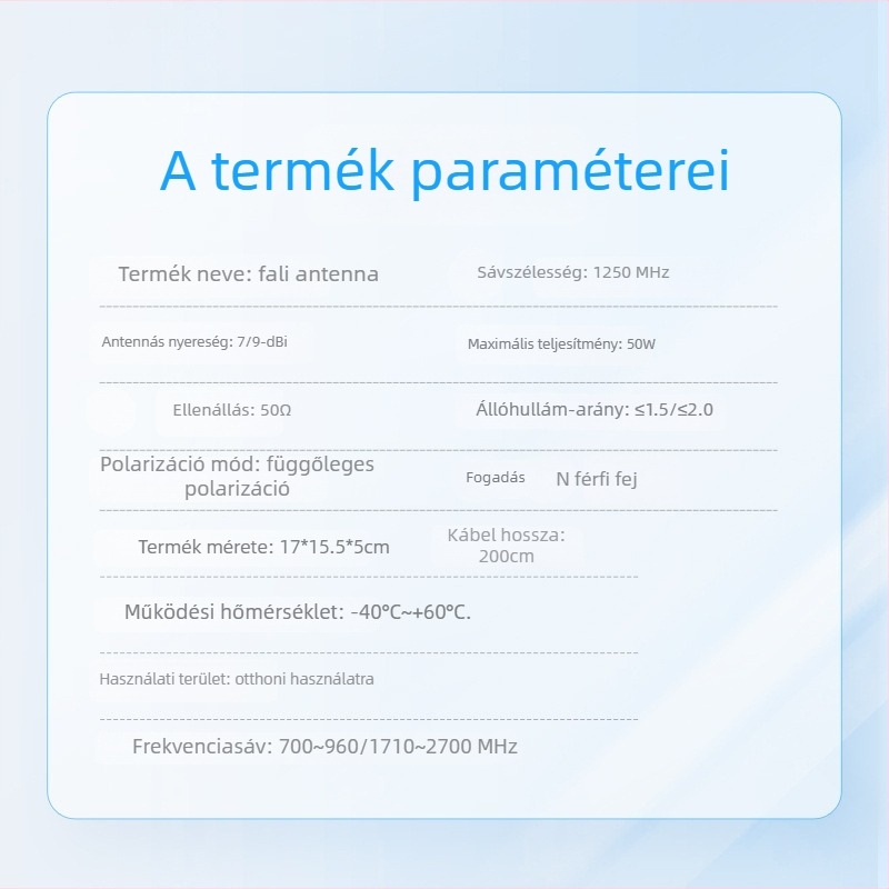 Falra szerelhető irányított síkpaneles antenna, 698–2700 MHz, kültéri vízálló, egypoláris