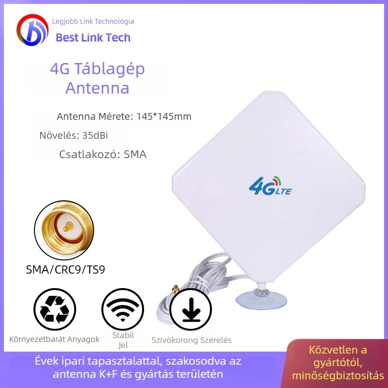 4G/LTE nagy nyereségű antenna routerekhez és táblagépekhez, 35 dBi, 700–2700 MHz, 50 Ω, SWR ≤1.5, SMA/CRC9/TS9 csatlakozók