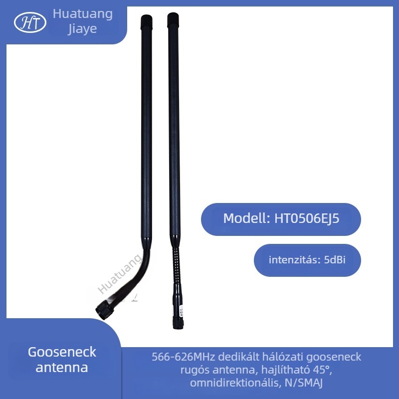 Gooseneck rugós omnidirekcionális antenna, hajlítható 45°, 566–626 MHz, 5 dBi, 50 Ω, SWR ≤ 1.5