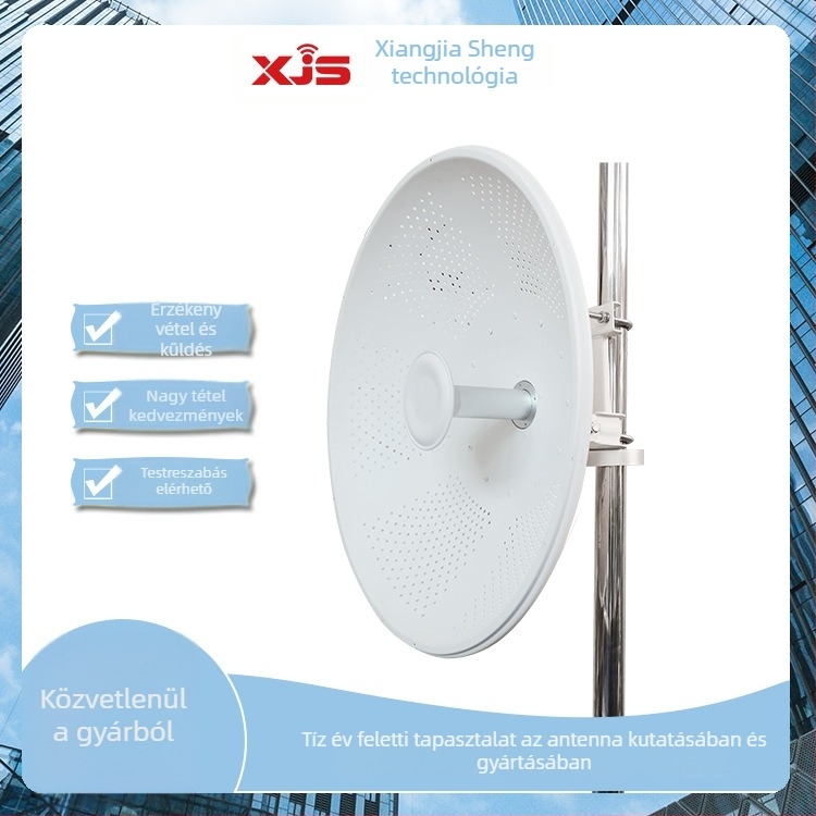 XJS WiFi parabola antenna hosszú távú pont-pont kapcsolathoz, kettős polarizáció, 33 dBi nyereség, SWR ≤ 1.5, modell TDD-4865-33