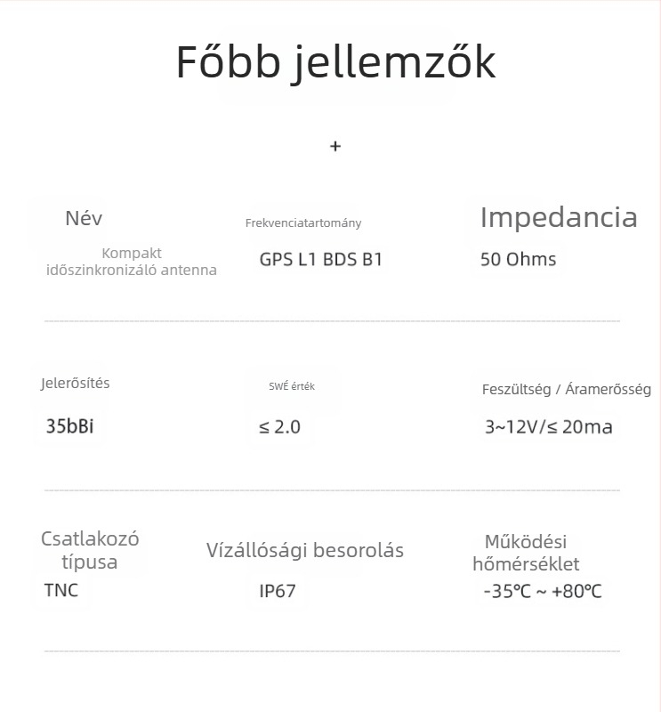 GPS időzítő antenna IP67 vízálló a pozicionáláshoz, L1/B1 BeiDou, 1575.42MHz, 50Ω, SWR ≤2, 3-12V, TNC-K csatlakozó