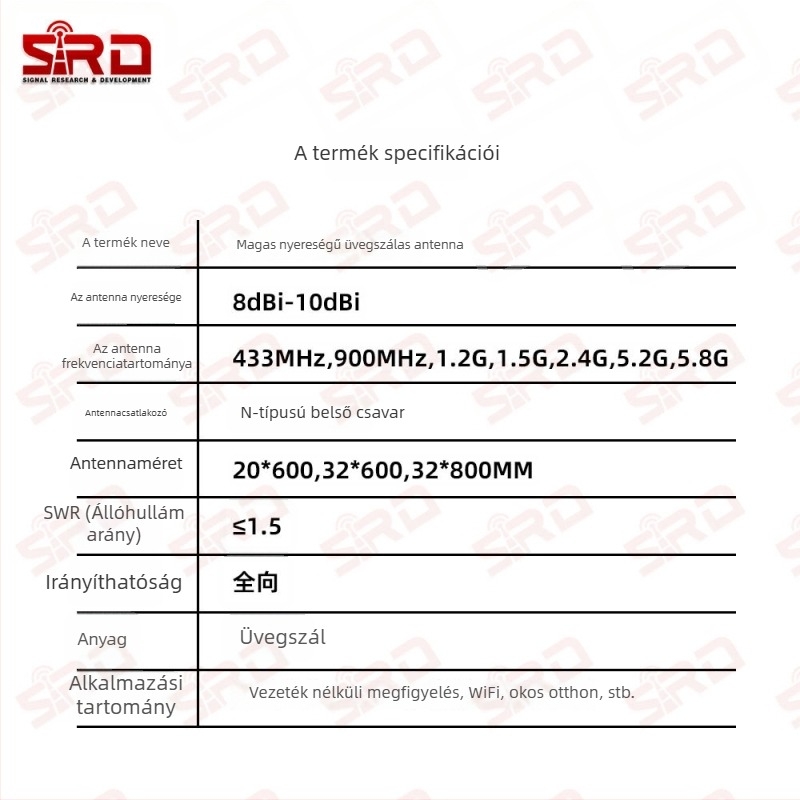 Kültéri vízálló üvegszálas antenna, omnidirekcionális, 50 Ω, nyereség 8–10 dBi, SWR ≤ 1.5