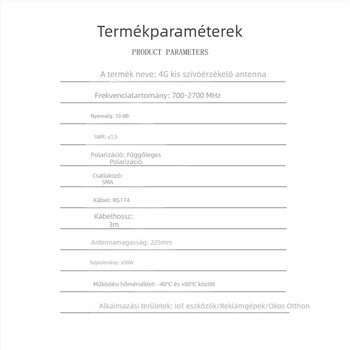 4G vakuumszívófejes antenna, omnidirekcionális, 10 dBi nyereség routerhez és hálózati kártyához, 700–2700 MHz, 50 Ω, SWR <= 1.5, 3–5 V