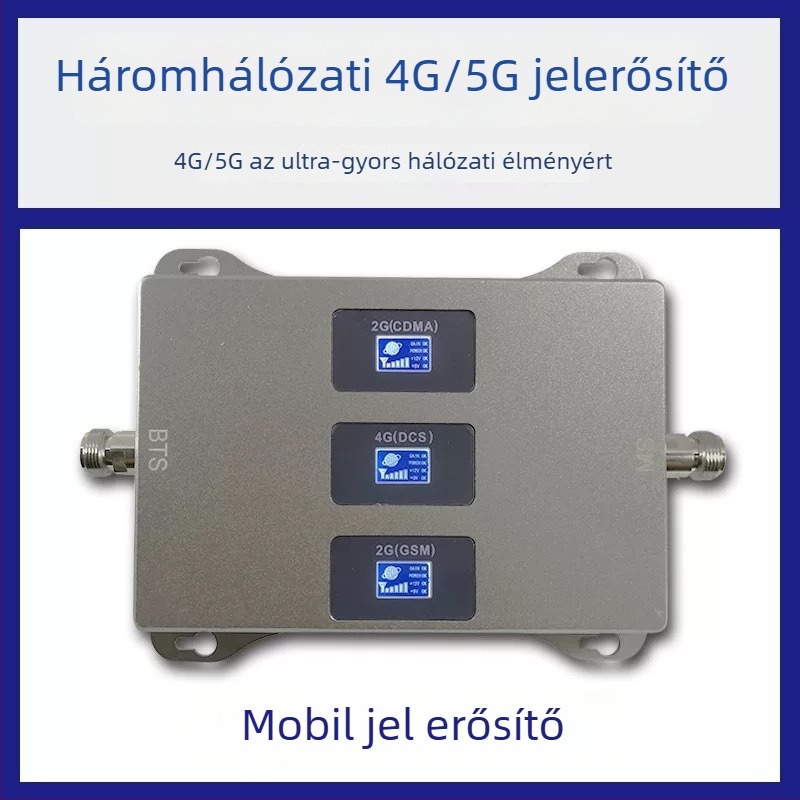 XR GDW háromsávos mobiljel-erősítő 2G/3G/4G számára 900/1800/2100 MHz, FDD, lefedettség ≤1000 m², súly 0,7 kg