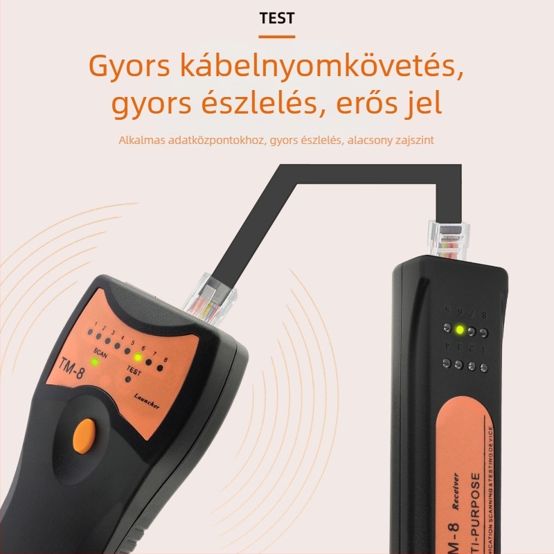 TM-8 Hálózati vonalkereső – Intelligens digitális vonalkereső RJ45/RJ11 tesztelésre, vonalak keresése és igazítása, jel többfrekvenciás impulzus, hatótávolság ≥3 km, kimenet 8Vp-p