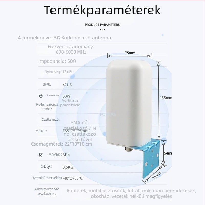 Kültéri omnidirekcionális hordó antenna routerekhez, vízálló, nagy nyereségű; 698–6000 MHz, 12 dBi, 50 Ω, SWR ≤ 1.5, SMA csatlakozó.