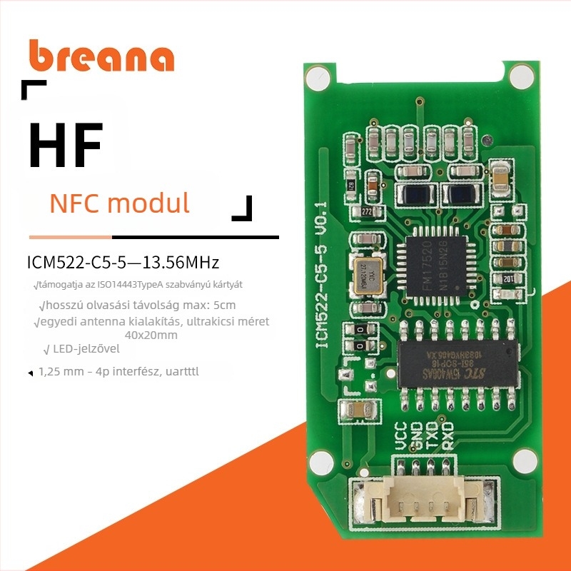 Breana RF kommunikációs modul RFID olvasóval, NFC-vel és HF adó-vevővel, alacsony áramfogyasztású vezeték nélküli megoldás beágyazott IoT-hoz