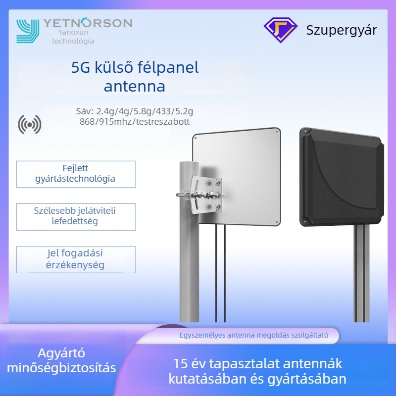 4G/5G lapos panel antenna beltéri/kültéri használatra, irányított WiFi router antenna; nyereség 2–12 dBi; frekvenciasáv 600–2700 MHz; impedancia 50 Ω; SWR ≤ 2; tápegység 5 V