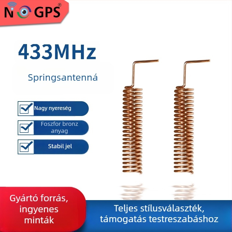 433MHz IoT rugóantenna (beépített) – 50 Ω átviteli impedancia, 2-3 dBi nyereség, SWR ≤ 1,5