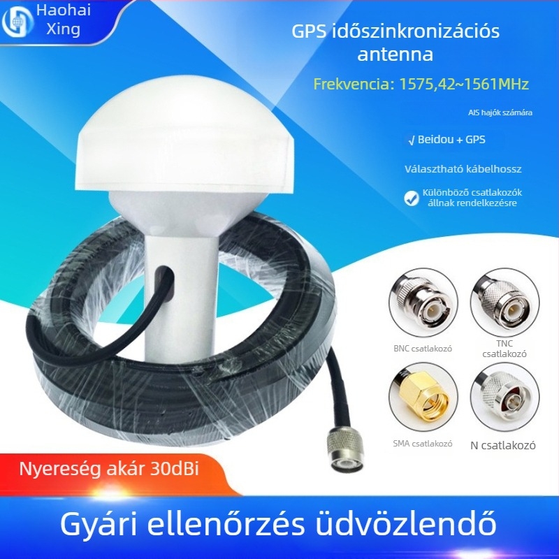 Tengeri GPS-időzítő antenna gombafejű kivitelben, BNC férfi csatlakozó, 3/5/10 m kábelek, alkalmas bázisállomások számára.