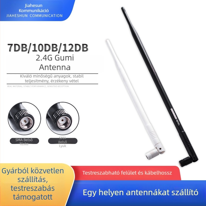 Antennamodul – ragasztócsík típusú, nyereség 7/9/10/12 dB, tartomány 2.4–2.7 GHz, impedancia 50 Ω, SWR ≤ 2.0, működési feszültség 50 V