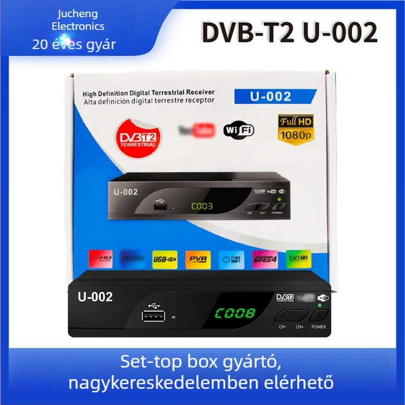 DVB-T2 HD digitális set-top box négymagos processzorral, 512MB RAM, 1920x1080 felbontás, USB/HDMI/Wi-Fi/AV csatlakozók