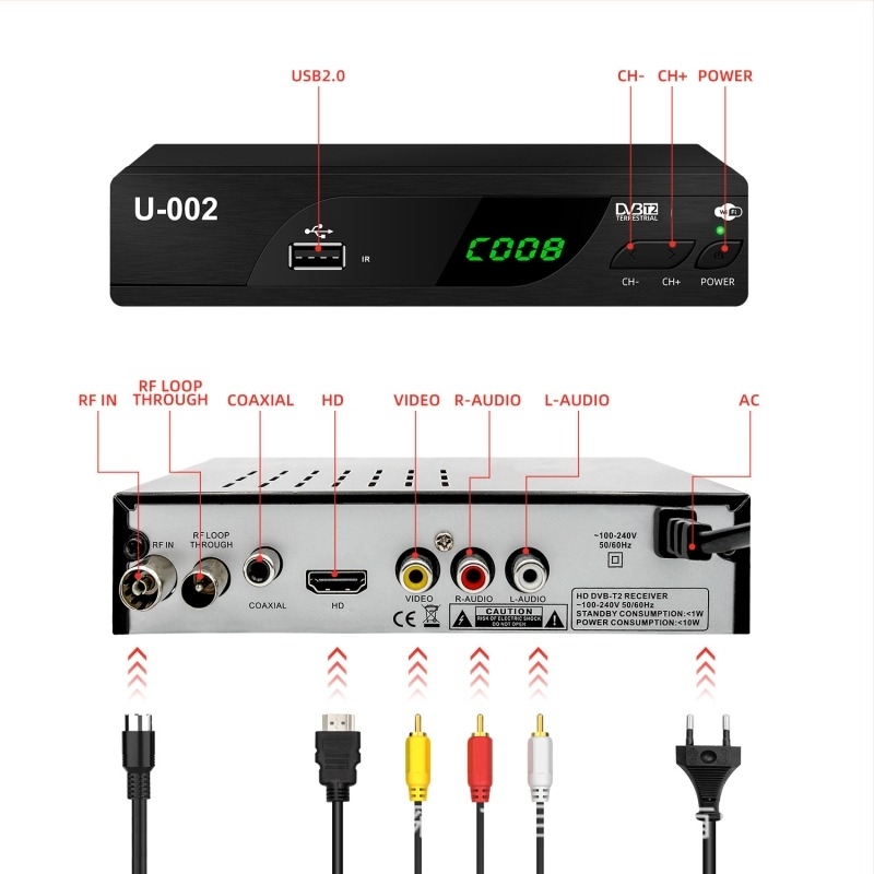 DVB-T2 HD digitális set-top box négymagos processzorral, 512MB RAM, 1920x1080 felbontás, USB/HDMI/Wi-Fi/AV csatlakozók