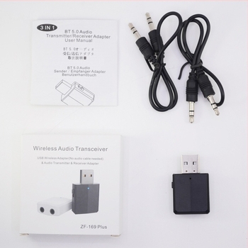 Három az egyben USB Bluetooth 5.0 audió adapter (vevő és adó) — USB + 3,5 mm, Plug‑and‑Play, 10 Mbps, 20 m hatótáv