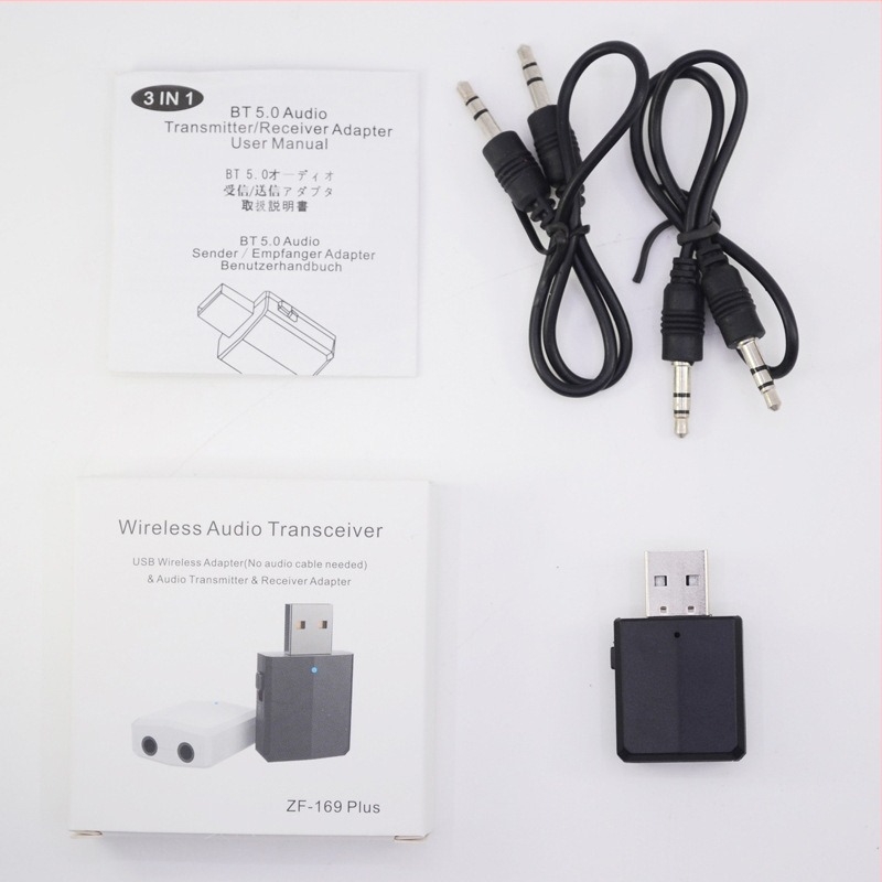 Három az egyben USB Bluetooth 5.0 audió adapter (vevő és adó) — USB + 3,5 mm, Plug‑and‑Play, 10 Mbps, 20 m hatótáv